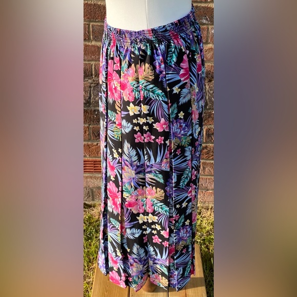 Vintage Floral Print Pleated Skirt Knee Length Midi Tropical Print Size M - Picture 4 of 7